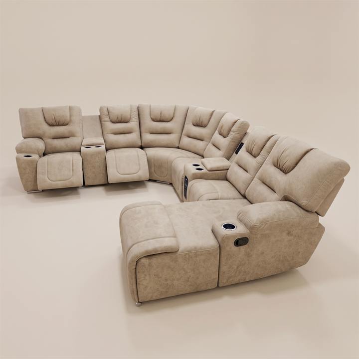 Sala modular con audio y dos reclinables, vista de tres cuartos