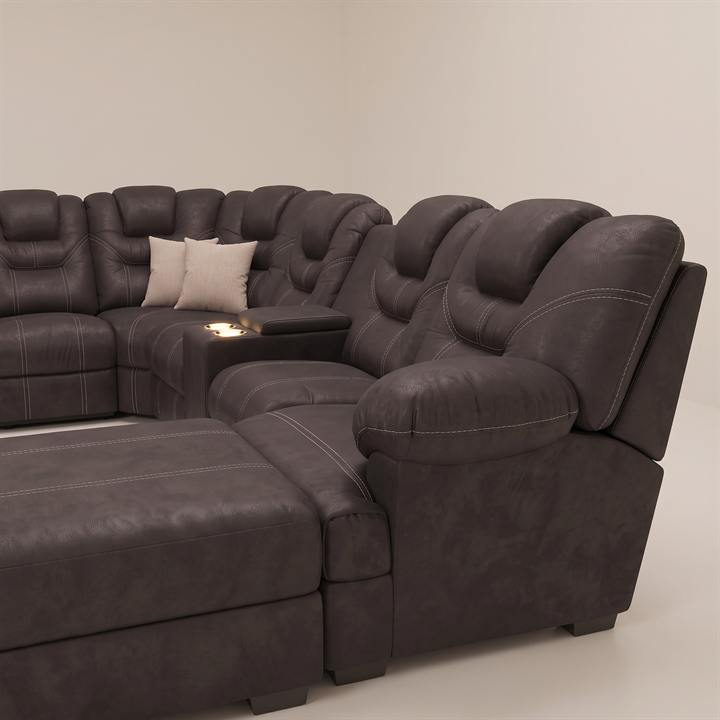 Sala modular chocolate vista de perfil, con el reclinable extendido