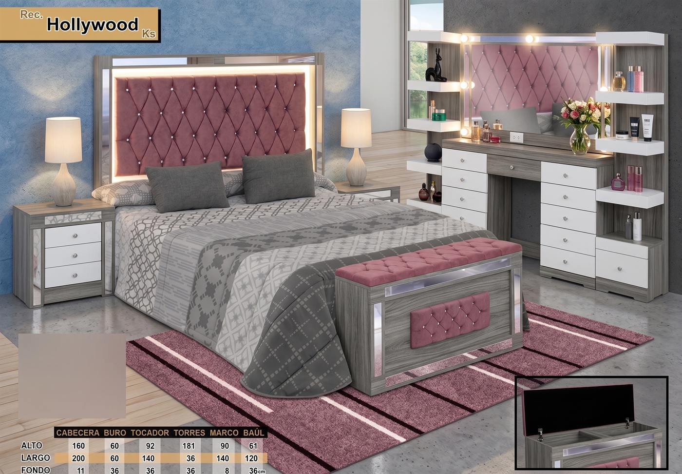 Recámara Hollywood en gris con rosa